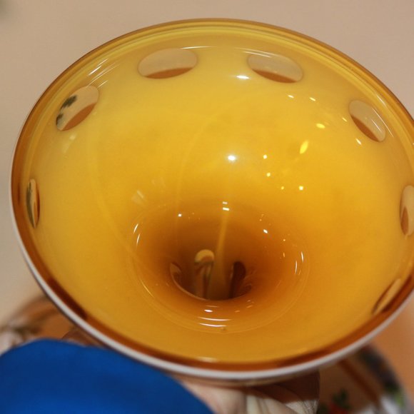 Vintage Bohemian Moser Czech White Cut To Yellow Compote Pedestal Bowl 7.5" - Picture 5 of 6